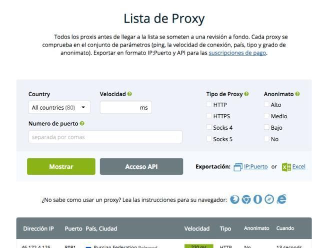 Listado proxy de HideMy.name